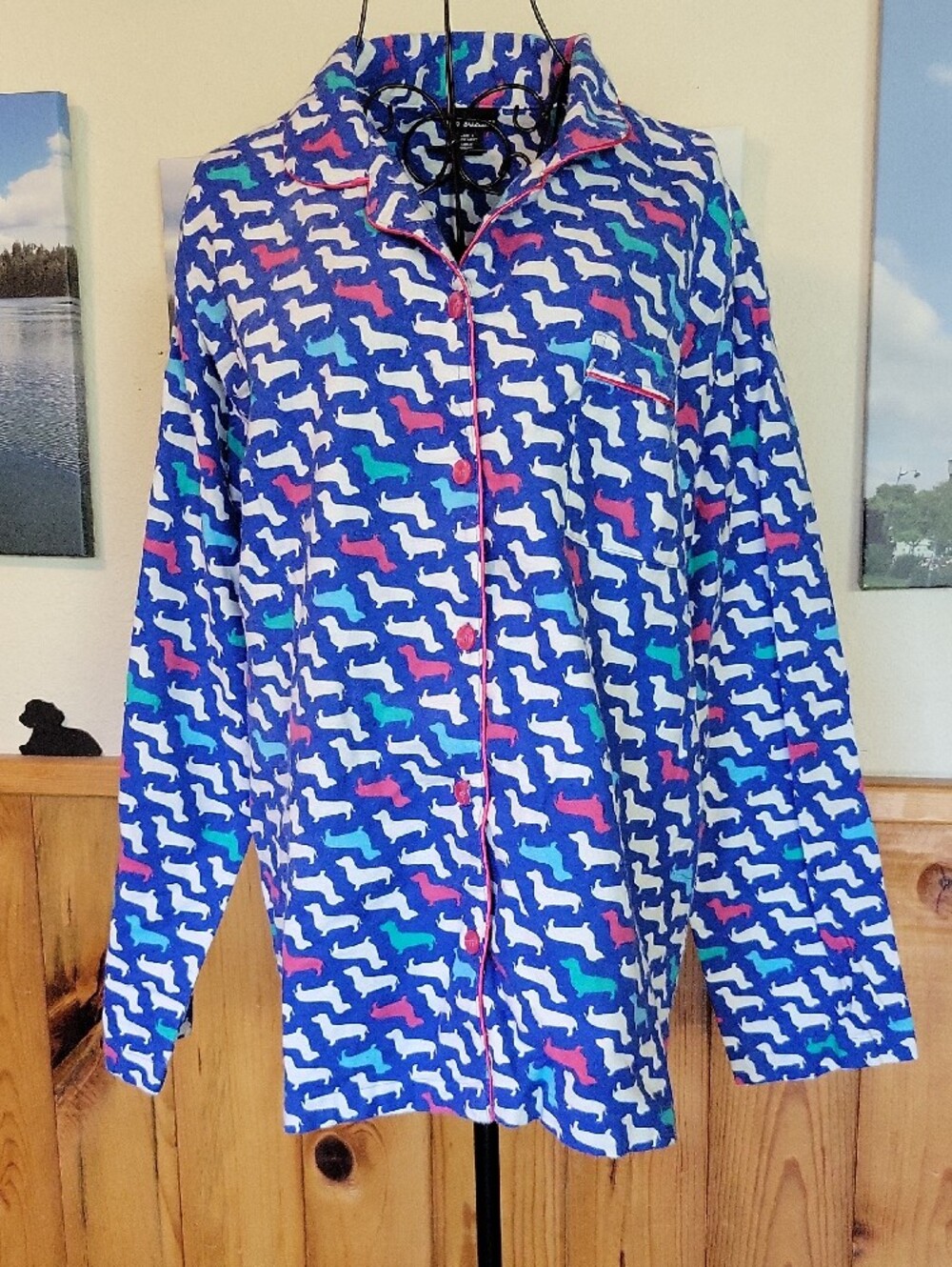 Joe Boxer Navy Dachshund-Print Button Pajama Top & bottom with Pink Piping - Picture 2 of 6